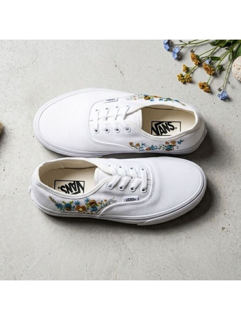 Brand New Custom Embroidered Vans Authentic White Floral Cottagecore Womens 7